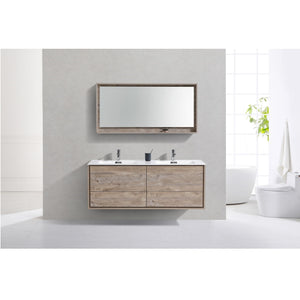 KUBEBATH De Lusso DL60D-NW 60" Double Wall Mount Bathroom Vanity in Nature Wood with White Acrylic Composite, Integrated Sinks, Rendered Front View