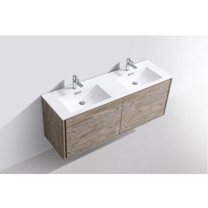 KUBEBATH De Lusso DL60D-NW 60" Double Wall Mount Bathroom Vanity in Nature Wood with White Acrylic Composite, Integrated Sinks, Top Angled View