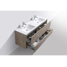 Load image into Gallery viewer, KUBEBATH De Lusso DL60D-NW 60&quot; Double Wall Mount Bathroom Vanity in Nature Wood with White Acrylic Composite, Integrated Sinks, Open Drawers