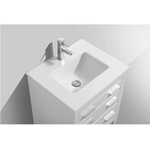 KUBEBATH Eiffel E24-GW 24" Single Bathroom Vanity in High Gloss White with White Quartz, Rectangle Sink, Countertop Closeup