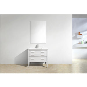 KUBEBATH Eiffel E36-GW 36" Single Bathroom Vanity in High Gloss White with White Quartz, Rectangle Sink, Rendered Front View