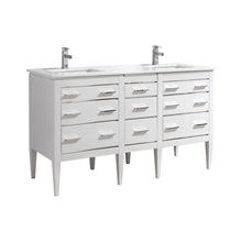 Load image into Gallery viewer, KUBEBATH Eiffel E60D-GW 60&quot; Double Bathroom Vanity in High Gloss White with White Quartz, Rectangle Sinks, Angled View