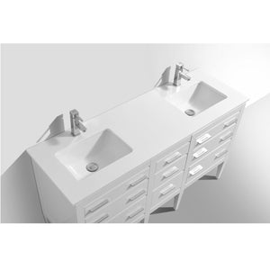 KUBEBATH Eiffel E60D-GW 60" Double Bathroom Vanity in High Gloss White with White Quartz, Rectangle Sinks, Countertop Closeup