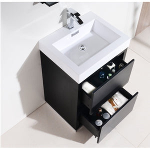 KUBEBATH Bliss FMB24-BK 24" Single Bathroom Vanity in Black with White Acrylic Composite, Integrated Sink, Open Drawers