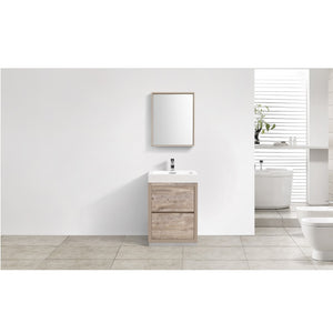 KUBEBATH Bliss FMB24-NW 24" Single Bathroom Vanity in Black with Nature Wood Acrylic Composite, Integrated Sink, Rendered Front View