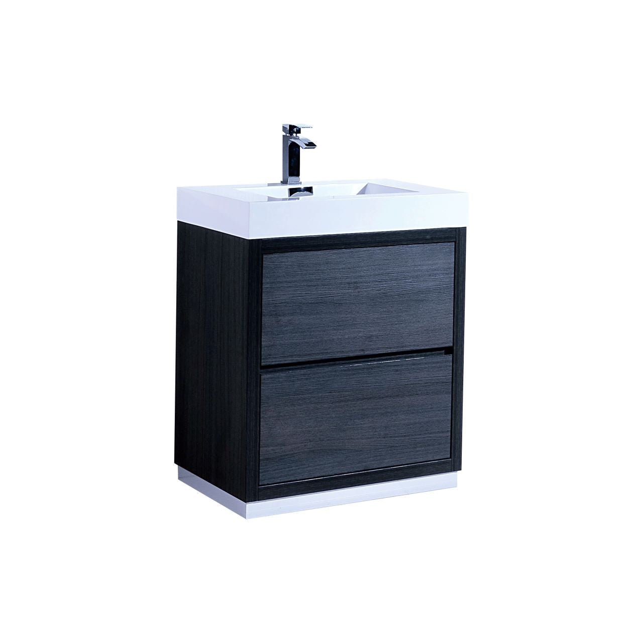 KUBEBATH Bliss FMB30-GO 30" Single Bathroom Vanity in Gray Oak with White Acrylic Composite, Integrated Sin, Angled View