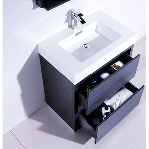 KUBEBATH Bliss FMB30-GO 30" Single Bathroom Vanity in Gray Oak with White Acrylic Composite, Integrated Sin, Open Drawers
