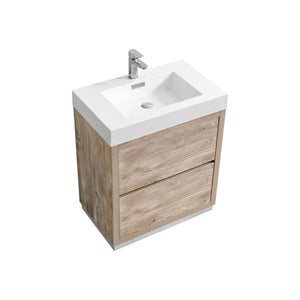 KUBEBATH Bliss FMB30-NW 30" Single Bathroom Vanity in Nature Wood with White Acrylic Composite, Integrated Sink, Angled View