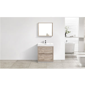 KUBEBATH Bliss FMB30-NW 30" Single Bathroom Vanity in Nature Wood with White Acrylic Composite, Integrated Sink, Rendered Front View