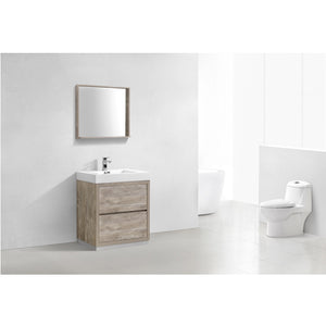 KUBEBATH Bliss FMB30-NW 30" Single Bathroom Vanity in Nature Wood with White Acrylic Composite, Integrated Sink, Rendered Angled View