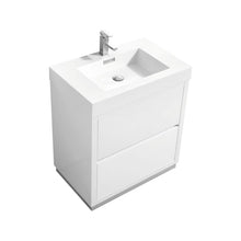 Load image into Gallery viewer, KUBEBATH Bliss FMB30-GW 30&quot; Single Bathroom Vanity in High Gloss White with White Acrylic Composite, Integrated Sink, Angled View