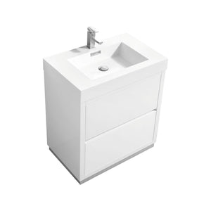 KUBEBATH Bliss FMB30-GW 30" Single Bathroom Vanity in High Gloss White with White Acrylic Composite, Integrated Sink, Angled View