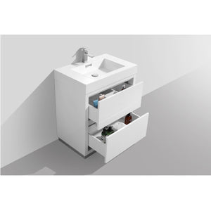 KUBEBATH Bliss FMB30-GW 30" Single Bathroom Vanity in High Gloss White with White Acrylic Composite, Integrated Sink, Open Drawers