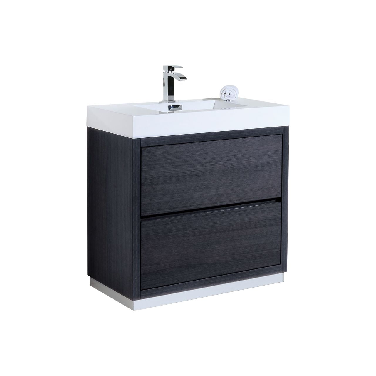 KUBEBATH Bliss FMB36-GO 36" Single Bathroom Vanity in Gray Oak with White Acrylic Composite, Integrated Sink, Angled View