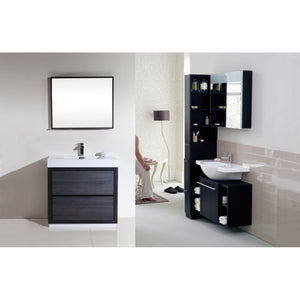 KUBEBATH Bliss FMB36-GO 36" Single Bathroom Vanity in Gray Oak with White Acrylic Composite, Integrated Sink, Rendered Front View