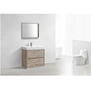 KUBEBATH Bliss FMB36-NW 36" Single Bathroom Vanity in Nature Wood with White Acrylic Composite, Integrated Sink, Rendered Angled View