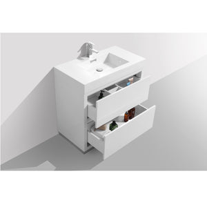 KUBEBATH Bliss FMB36-GW 36" Single Bathroom Vanity in High Gloss White with White Acrylic Composite, Integrated Sink, Open Drawers