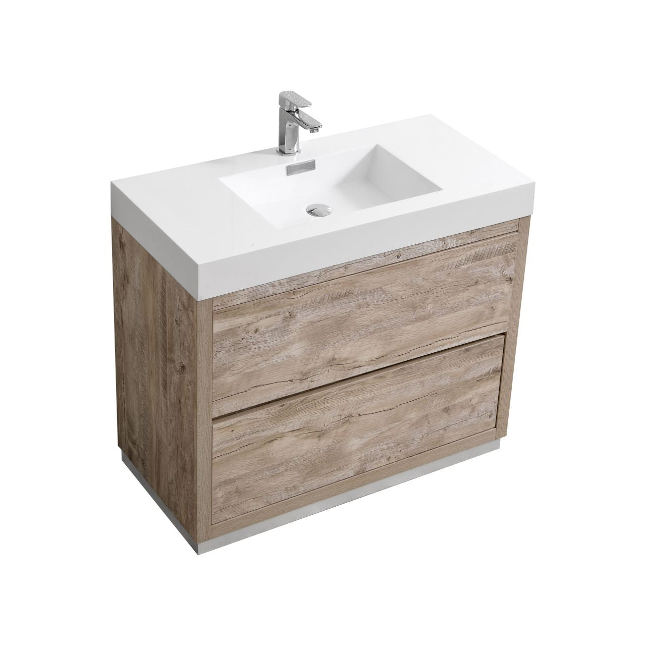 KUBEBATH Bliss FMB40-NW 40" Single Bathroom Vanity in Nature Wood with White Acrylic Composite, Integrated Sink, Angled View