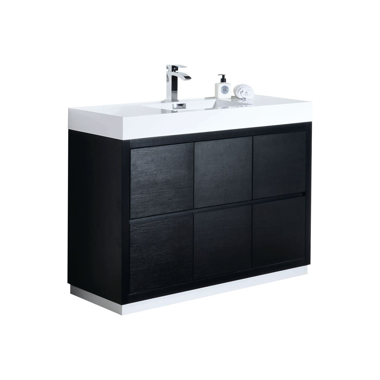 KUBEBATH Bliss FMB48-BK 48" Single Bathroom Vanity in Black with White Acrylic Composite, Integrated Sink, Angled View