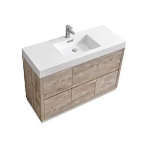 KUBEBATH Bliss FMB48-NW 48" Single Bathroom Vanity in Nature Wood with White Acrylic Composite, Integrated Sink, Angled View