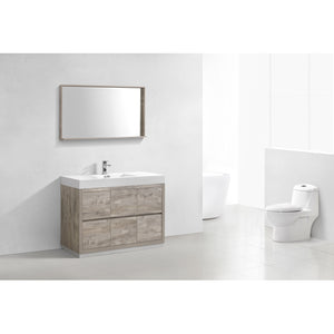 KUBEBATH Bliss FMB48-NW 48" Single Bathroom Vanity in Nature Wood with White Acrylic Composite, Integrated Sink, Rendered Angled View