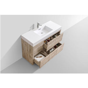 KUBEBATH Bliss FMB48-NW 48" Single Bathroom Vanity in Nature Wood with White Acrylic Composite, Integrated Sink, Open Drawers