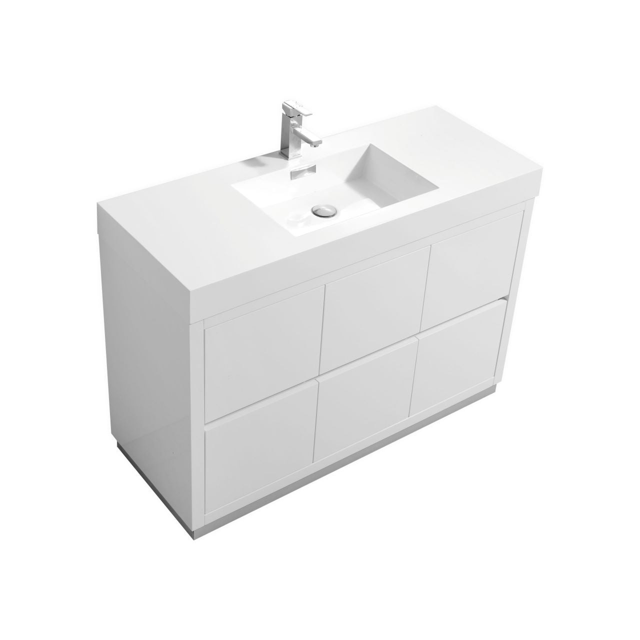 KUBEBATH Bliss FMB48-GW 48" Single Bathroom Vanity in High Gloss White with White Acrylic Composite, Integrated Sink, Angled View