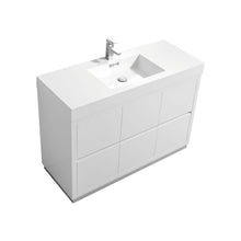 Load image into Gallery viewer, KUBEBATH Bliss FMB48-GW 48&quot; Single Bathroom Vanity in High Gloss White with White Acrylic Composite, Integrated Sink, Angled View