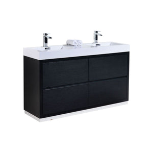 KUBEBATH Bliss FMB60D-BK 60" Double Bathroom Vanity in Black with White Acrylic Composite, Integrated Sinks, Angled View