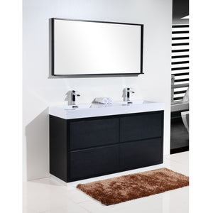 KUBEBATH Bliss FMB60D-BK 60" Double Bathroom Vanity in Black with White Acrylic Composite, Integrated Sinks, Rendered Angled View