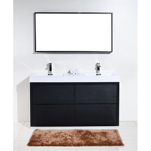 KUBEBATH Bliss FMB60D-BK 60" Double Bathroom Vanity in Black with White Acrylic Composite, Integrated Sinks, Rendered Front View