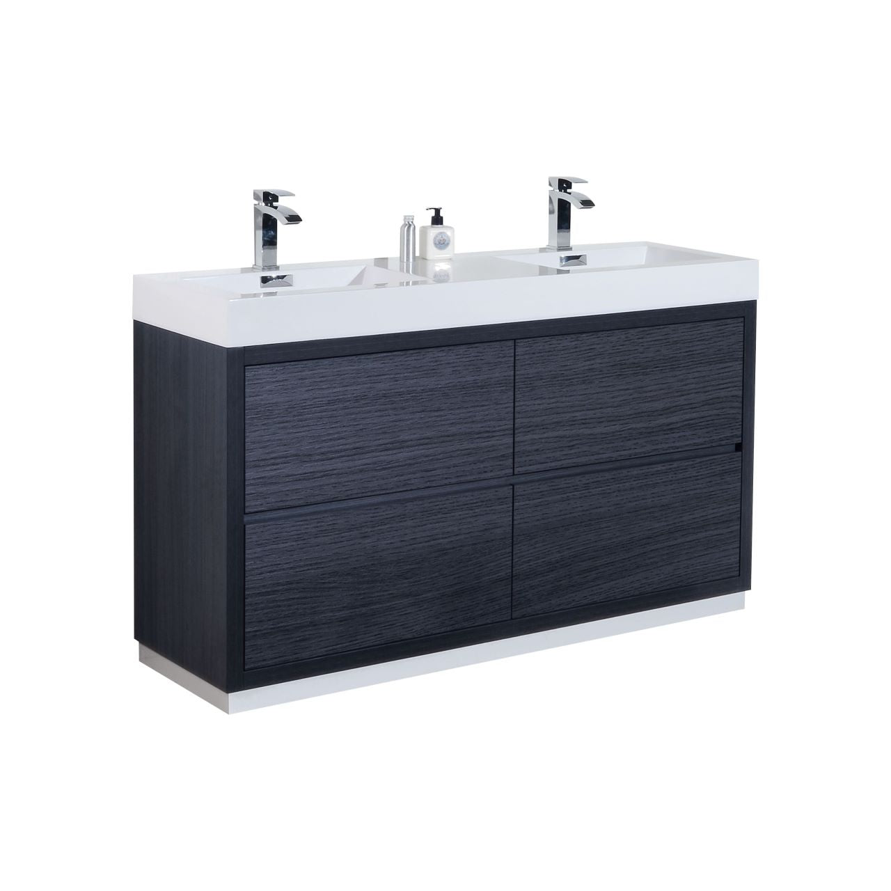 KUBEBATH Bliss FMB60D-GO 60" Double Bathroom Vanity in Gray Oak with White Acrylic Composite, Integrated Sinks, Angled View