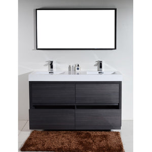 KUBEBATH Bliss FMB60D-GO 60" Double Bathroom Vanity in Gray Oak with White Acrylic Composite, Integrated Sinks, Rendered Front View