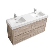 Load image into Gallery viewer, KUBEBATH Bliss FMB60D-NW 60&quot; Double Bathroom Vanity in Walnut with White Acrylic Composite, Integrated Sinks, Angled View