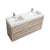 KUBEBATH Bliss FMB60D-NW 60" Double Bathroom Vanity in Walnut with White Acrylic Composite, Integrated Sinks, Angled View