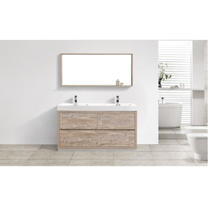 KUBEBATH Bliss FMB60D-NW 60" Double Bathroom Vanity in Walnut with White Acrylic Composite, Integrated Sinks, Rendered Front View