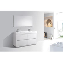 Load image into Gallery viewer, KUBEBATH Bliss FMB60D-GW 60&quot; Double Bathroom Vanity in High Gloss White with White Acrylic Composite, Integrated Sinks, Rendered Angled View
