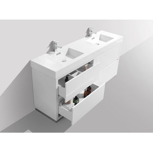 KUBEBATH Bliss FMB60D-GW 60" Double Bathroom Vanity in High Gloss White with White Acrylic Composite, Integrated Sinks, Open Drawers