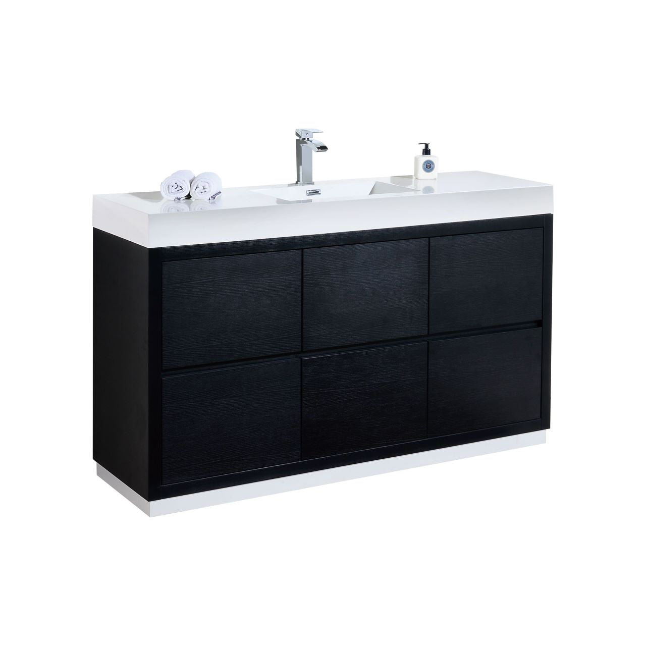 KUBEBATH Bliss FMB60-BK 60" Single Bathroom Vanity in Black with White Acrylic Composite, Integrated Sink, Angled View