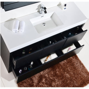 KUBEBATH Bliss FMB60-BK 60" Single Bathroom Vanity in Black with White Acrylic Composite, Integrated Sink, Open Drawers