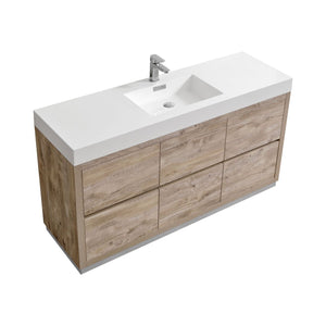 KUBEBATH Bliss FMB60S-NW 60" Single Bathroom Vanity in Nature Wood with White Acrylic Composite, Integrated Sink, Angled View