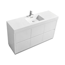 Load image into Gallery viewer, KUBEBATH Bliss FMB60S-GW 60&quot; Single Bathroom Vanity in High Gloss White with White Acrylic Composite, Integrated Sink, Angled View