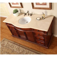 Load image into Gallery viewer, SILKROAD EXCLUSIVE FS-0268-CM-UWC-60 60&quot; Single Bathroom Vanity in Red Chestnut with Crema Marfil Marble, White Oval Sink, Top Angled View