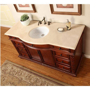 SILKROAD EXCLUSIVE FS-0268-CM-UWC-60 60" Single Bathroom Vanity in Red Chestnut with Crema Marfil Marble, White Oval Sink, Top Angled View