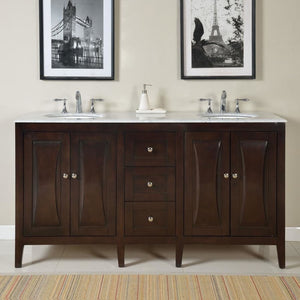 SILKROAD EXCLUSIVE FS-0269-WM-UWC-68 68" Double Bathroom Vanity in Dark Walnut with Carrara White Marble, White Oval Sinks, Front View