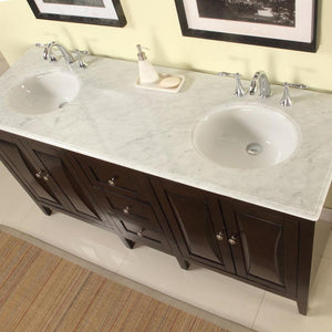 SILKROAD EXCLUSIVE FS-0269-WM-UWC-68 68" Double Bathroom Vanity in Dark Walnut with Carrara White Marble, White Oval Sinks, Top Angled View
