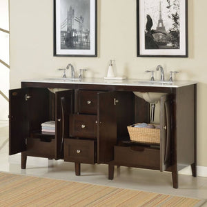 SILKROAD EXCLUSIVE FS-0269-WM-UWC-68 68" Double Bathroom Vanity in Dark Walnut with Carrara White Marble, White Oval Sinks, Open Doors and Drawers
