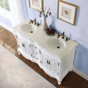 SILKROAD EXCLUSIVE HYP-0145-CM-UIC-58 58" Double Bathroom Vanity in Antique White with Crema Marfil Marble, Ivory Oval Sinks, Top Angled View