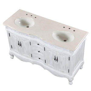 SILKROAD EXCLUSIVE HYP-0145-CM-UIC-58 58" Double Bathroom Vanity in Antique White with Crema Marfil Marble, Ivory Oval Sinks, Top Angled View
