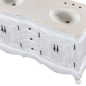 SILKROAD EXCLUSIVE HYP-0145-CM-UIC-58 58" Double Bathroom Vanity in Antique White with Crema Marfil Marble, Ivory Oval Sinks, Closeup
